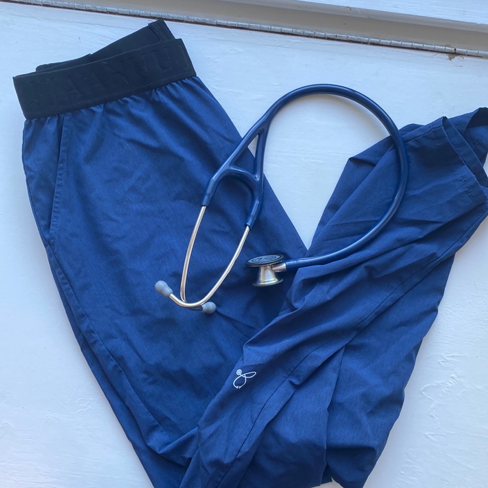 Jaannuu scrub pants, slim fit, elastic waistband, navy, size L